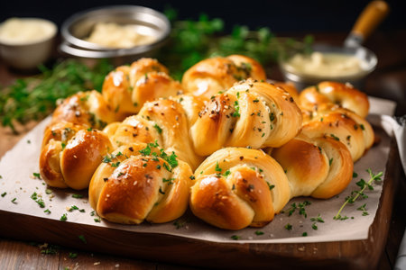 Garlic knots with parsley and parmesan on a wooden boardの素材