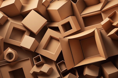 Chaotic stack of brown cardboard boxes in a storage spaceの素材
