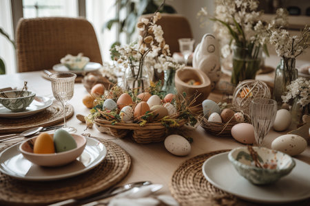 Beautifully arranged dining table with spring themed floral centerpieces and place settingsの素材
