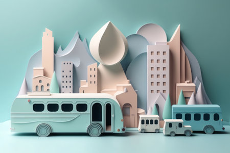 Creative 3d paper art design of an urban cityscape with buses, buildings, and mountainsの素材