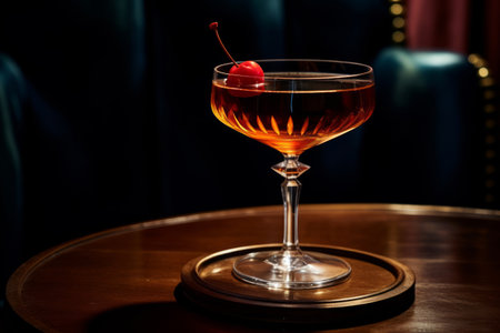 Manhattan cocktail garnished with a cherry in dark bar settingの素材