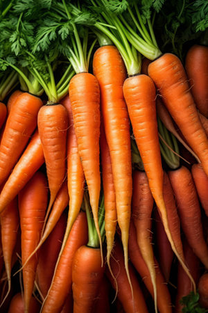 Vibrant carrots with tops on full display, perfect for healthy eating themesの素材
