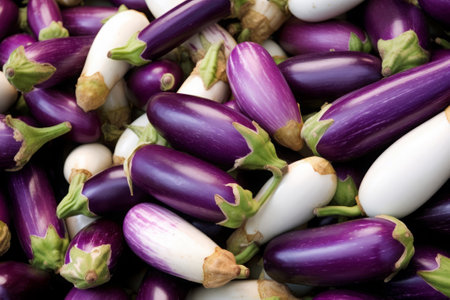 Assorted eggplants and green vegetables on sale at a local farmer's marketの素材