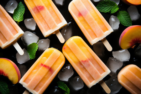 Peach popsicles with slices of fresh peach, refreshing summer dessertの素材