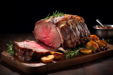 Succulent medium-rare roast beef with herbs, served with roasted potatoes on a rustic wooden boardの素材
