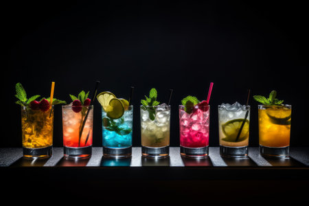 Stunning array of assorted colorful cocktails with garnishes, elegantly presented on a dark bar backdropの素材