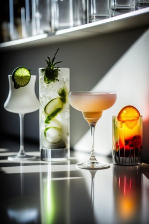 Elegant arrangement of assorted cocktails on a bar counter, showcasing variety and garnishesの素材