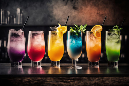 Colorful lineup of various fruit cocktails with garnishes, perfect for summer menus or beverage promosの素材