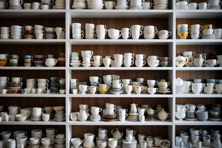 Wall of shelves filled with an extensive variety of ceramic mugs in different shapes and sizesの素材