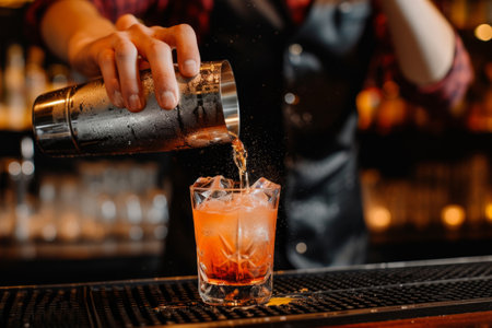 Male bartender pouring a cocktail from shaker into a glass in a modern barの素材