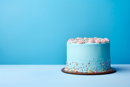 Blue cake with sprinkles on a solid light blue background with copy space, boy birthday or baby showerの素材