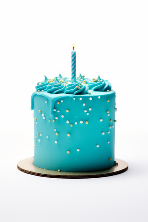 Blue cake with sprinkles on a solid white background with copy space, boy birthday or baby showerの素材
