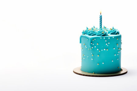 Blue cake with sprinkles on a solid white background with copy space, boy birthday or baby showerの素材