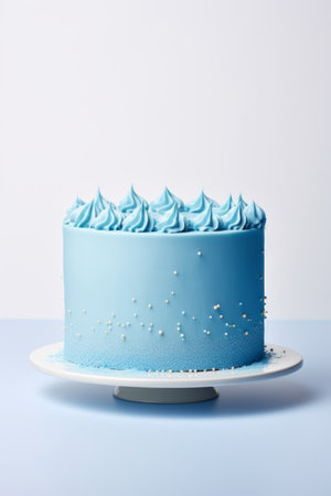 Blue cake with sprinkles on a solid light blue background with copy space, boy birthday or baby showerの素材