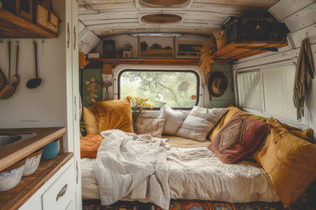 Cozy camper van interior, converted van for travel and sleeping, cozy bedの素材