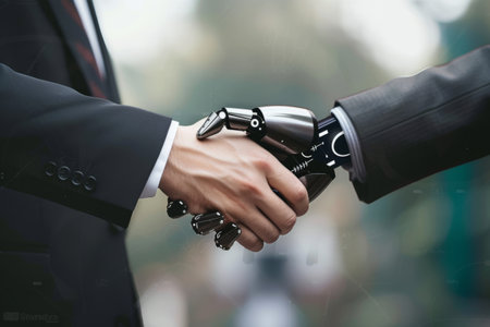 The future of business: human-ai partnership handshake and collaboration in the tech industry with robotics and advanced technologyの素材