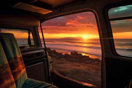 Cozy camper van interior with a stunning view of ocean sunrise through the back doorの素材