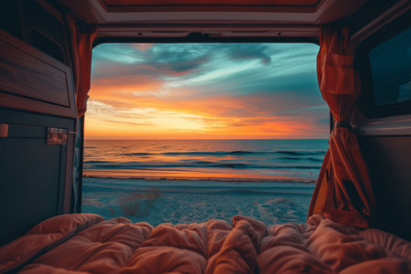 Cozy camper van interior with a stunning view of ocean sunrise through the back doorの素材
