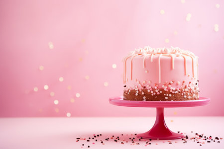 Beautifully decorated pink birthday cake with swirl icing and sprinkles on a white cake standの素材