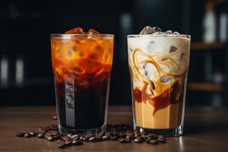 Two varieties of iced coffee with whipped cream and caramel drizzle against a warm backdropの素材