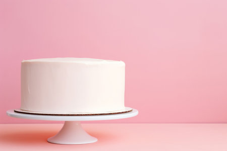 Simple white cake on a solid light pink background with empty space on the leftの素材