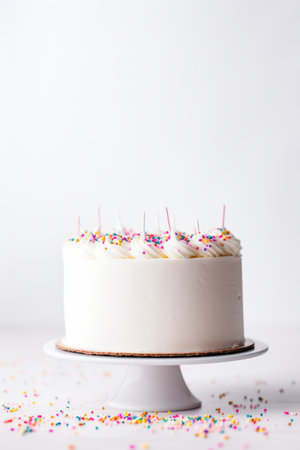 Simple white cake on a solid white background with empty space on the leftの素材