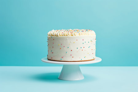 Simple white cake on a solid light blue background with empty space on the leftの素材