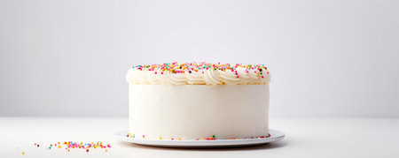 Simple white cake on a solid white background with empty space on the leftの素材