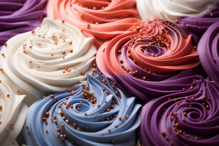 Vibrant and colorful assorted cupcake frostings in pastel pink and blue swirls. Perfect for baking and decorating dessert tables at celebrations and partiesの素材