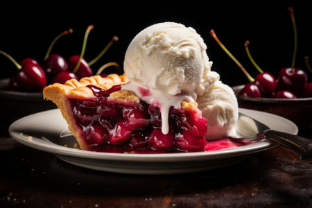 Slice of cherry pie topped with creamy ice cream, served on a white plateの素材