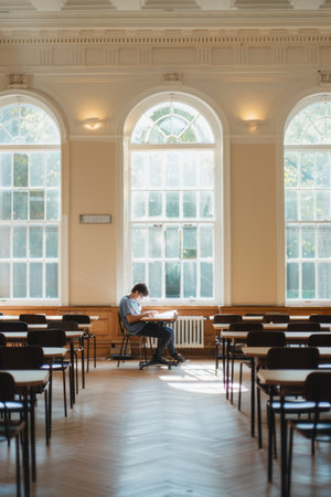Focused male student takes a test in a bright classroom setting or exam hallの素材