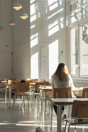 Focused female student takes a test in a bright classroom setting or exam hallの素材