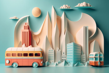Creative 3d paper art design of an urban cityscape with buses, buildings, and mountainsの素材
