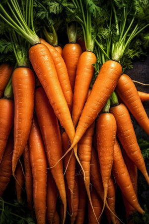 Vibrant carrots with tops on full display, perfect for healthy eating themesの素材