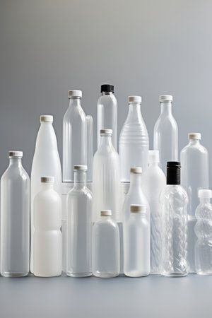 Collection of various empty plastic containers displayed against a neutral backdropの素材