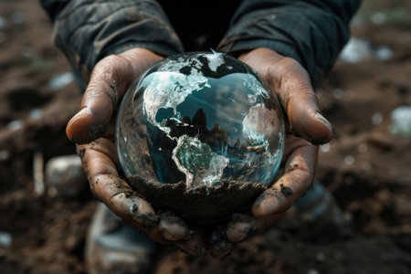 Close-up of hands cradling a clear glass globe representing earth with a focus on Americaの素材