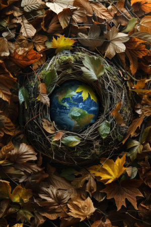 Creative concept of earth nestled in a bird's nest surrounded by colorful fallen leavesの素材
