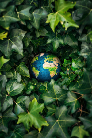 The earth surrounded by lush green foliage in a sustainable environment for earth day celebration and global conservation of the natural ecosystem and habitatの素材