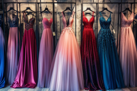 Selection of colorful evening dresses showcased on mannequinsの素材