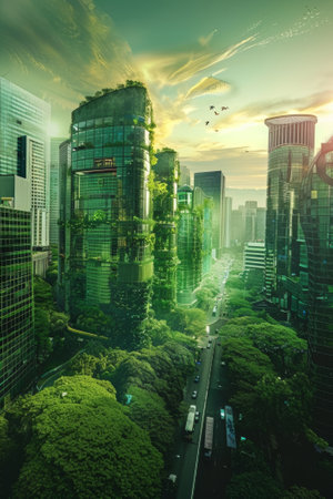 Concept of a sustainable city with lush greenery and advanced public transit systemsの素材