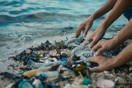 Hands collecting plastic waste on a beach, contributing to environmental cleanupの素材
