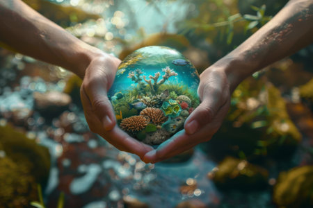 Hands cradle a globe displaying vibrant marine ecosystem, symbolizing environmental conservationの素材
