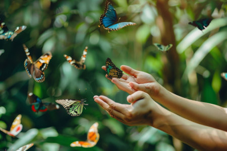 Human hands gently reach out as colorful butterflies descend amidst a vibrant, sun-drenched garden settingの素材