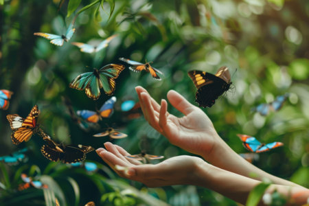 Human hands gently reach out as colorful butterflies descend amidst a vibrant, sun-drenched garden settingの素材