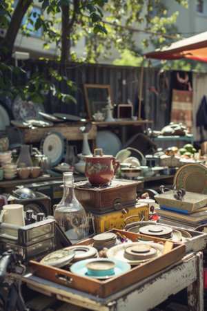 Second hand old household objects for sale at flea market, garage sale, thrift store, charity shop. Zero waste, sustainable lifestyleの素材