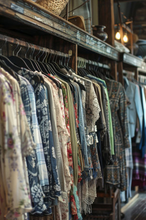Selection of retro-styled clothing hanging on a rack in a cozy boutiqueの素材