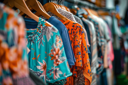 Selection of retro-styled clothing hanging on a rack in a cozy boutiqueの素材