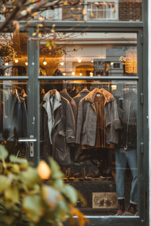 Vintage boutique exterior with stylish apparel hanging by the entranceの素材