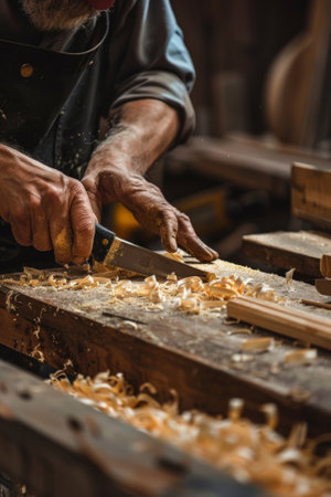 Close up of an artisan's hands delicately shaping wood with a plane amidst curling shavingsの素材