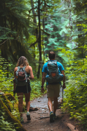 Young couple hikes on a lush jungle trail surrounded by vibrant greenery, capturing the essence of adventureの素材